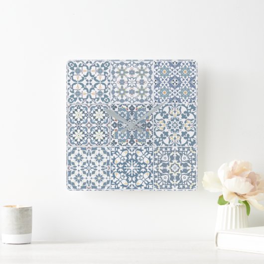 Mediterranean Tiles, Moroccan, Majolica, Azulejo スクエア壁時計 (ホーム)
