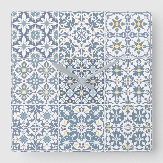 Mediterranean Tiles, Moroccan, Majolica, Azulejo スクエア壁時計 (正面)