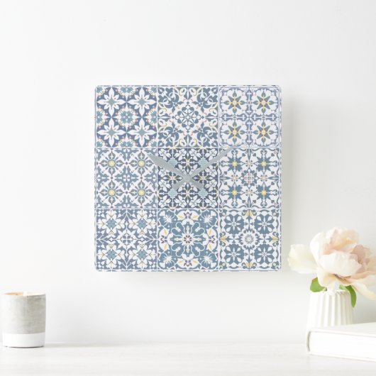 Mediterranean Tiles, Moroccan, Majolica, Azulejo スクエア壁時計 (ホーム)