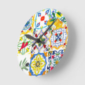 Mediterranean tiles,olives,chilli peppers,lemons  ラウンド壁時計 (傾斜)