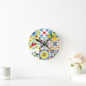 Mediterranean tiles,olives,chilli peppers,lemons  ラウンド壁時計 (ホーム)