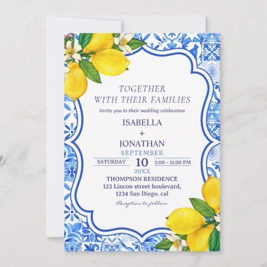 Mediterranean Tiles Summer Wedding with Lemons  招待状 (正面)