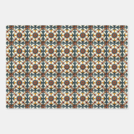 Mediterranean Tiles Wrapping Papers Folk Art 3 Set ラッピングペーパーシート