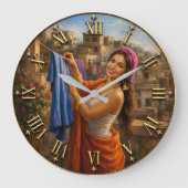 Mediterranean Village Woman Rustic Laundry Scene ラージ壁時計 (正面)