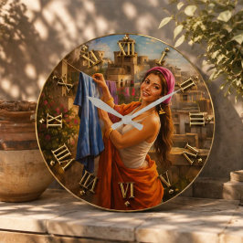 Mediterranean Village Woman Rustic Laundry Scene ラージ壁時計