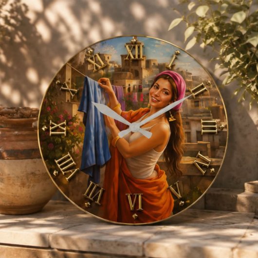 Mediterranean Village Woman Rustic Laundry Scene ラージ壁時計