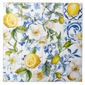 Mediterranean Watercolor Blue Pattern and Citrus タイル (正面)