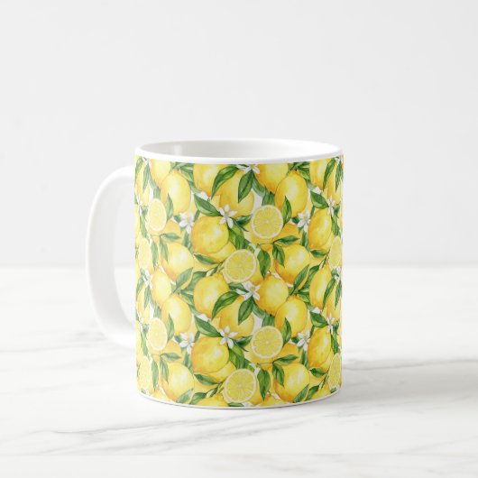 Mediterranean Watercolor Lemon & Blossom Pattern コーヒーマグカップ (正面左)