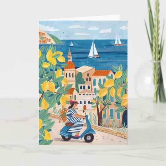 Mediterranean Woman Scooter Illustration Travel カード (正面)