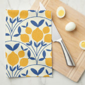 Mediterranean Yellow Lemons on Blue scallop shapes キッチンタオル (四つ折り)