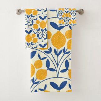 Mediterranean Yellow Lemons on Blue scallop shapes バスタオルセット