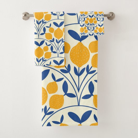 Mediterranean Yellow Lemons on Blue scallop shapes バスタオルセット (インサイチュ)