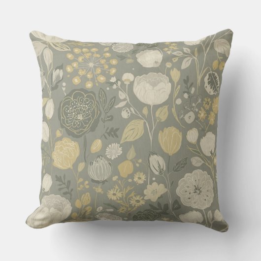 Medium Gray Butter Yellow Cream Modern Floral クッション (正面)