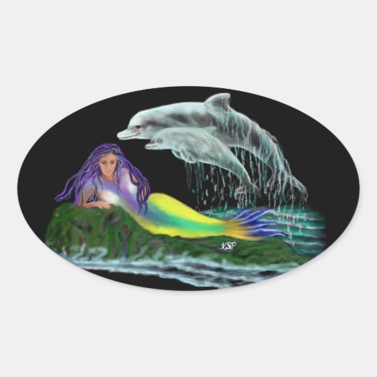 Meerjungfrau mit Delfinen 楕円形シール (正面)
