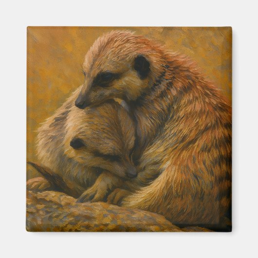 Meerkat Cuddle – Earth-Toned Wildlife Painting マグネット (正面)