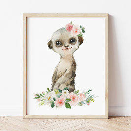 Meerkat, Safari, Pink Flowers, Girl Nursery ポスター