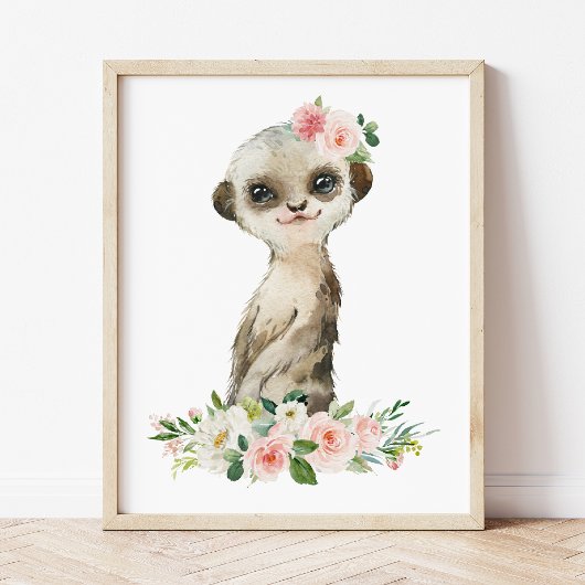 Meerkat, Safari, Pink Flowers, Girl Nursery ポスター