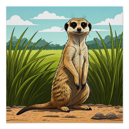 Meerkat standing alert in a field of grass ポスター (正面)