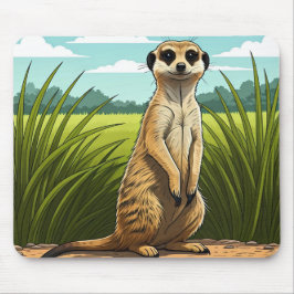 Meerkat standing alert in a field of grass マウスパッド