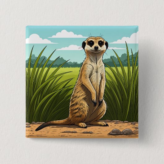 Meerkat standing alert in a field of grass 缶バッジ (正面)