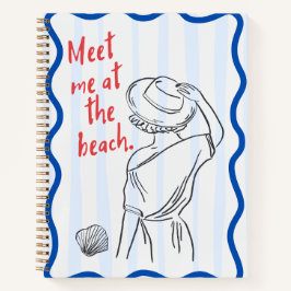 Meet Me At The Beach | 赤いタイポグラフィーと青いストライプ ノートブック
