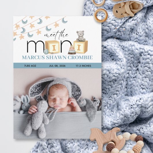 Meet The Mini Blue Baby Birth Announcement Card