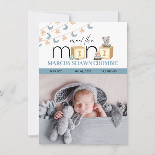 Meet The Mini Blue Baby Birth Announcement Card (正面)