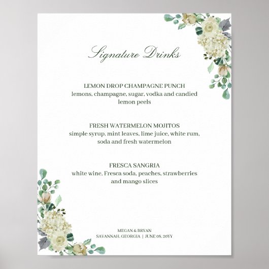 Megan Elegant Roses Signature Drinks Wedding Sign ポスター (正面)