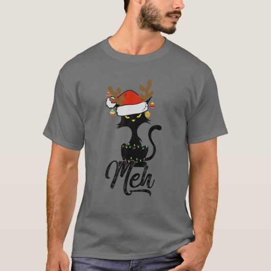 Meh Black Cat Christmas, Funny Anti Christmas Cat Tシャツ (正面)