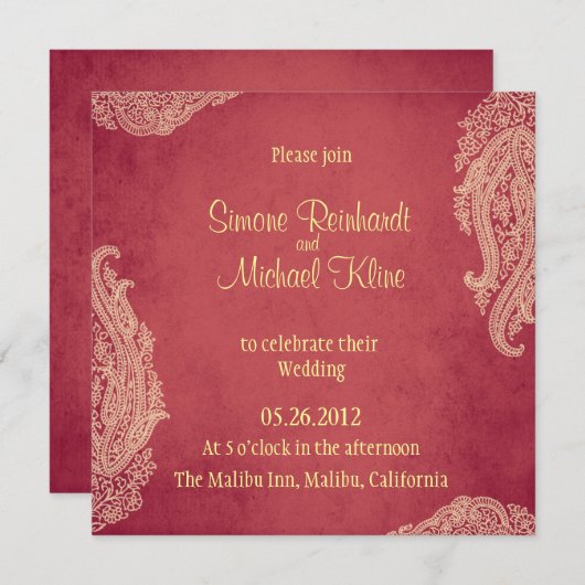 、Mehndiの赤ヒンズー教、インドの結婚式招待状金ゴールド 招待状 (正面/裏面)