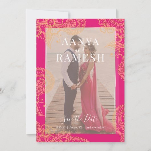 Mehndiフォトウェディング日付を保存 招待状 (正面)