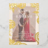 Mehndiフォト結婚式招待状実在金ゴールド 箔招待状 (正面)