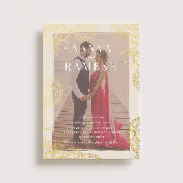 Mehndiフォト結婚式招待状実在金ゴールド 箔招待状