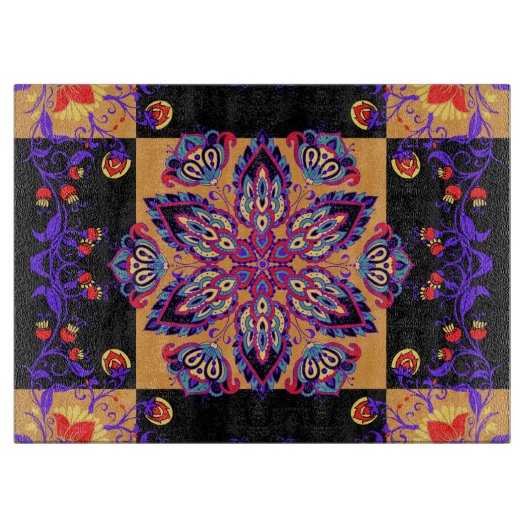 Mehndiブラックと紫のフローラ・グラフィック・アートワーク カッティングボード (正面)