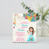 Mehndi予算招待状ピンク青かわいいインディアン女の子 (スタンド正面)