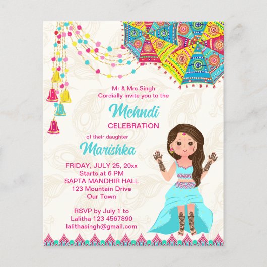 Mehndi予算招待状ピンク青かわいいインディアン女の子 (正面)