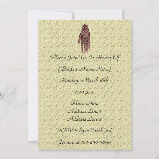 Mehndi手の入れ墨のデザインのブライダルシャワーの招待状 招待状 (裏面)