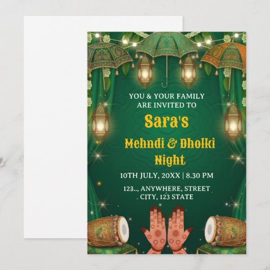  Mehndi & Dholki Night Ceremony Invitation 招待状 (正面/裏面)