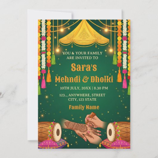Mehndi & Dholki Night Invitation Template 招待状 (正面)