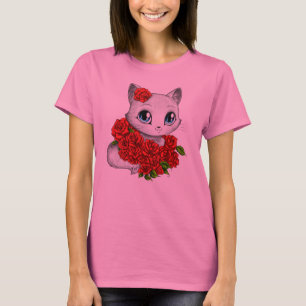 Mei Yu著ロマンチックなばら色猫のピンクの絞り染めのTシャツ Tシャツ