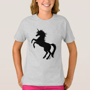 Mei Yu著威厳のあるなユニコーンの芸術の女の子の灰色のTシャツ Tシャツ