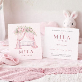 Meisje Roze Wieg Bloemen Waterverf Geboorte カード