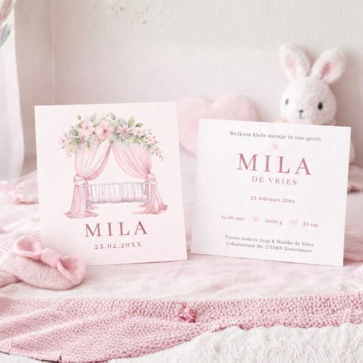 Meisje Roze Wieg Bloemen Waterverf Geboorte カード