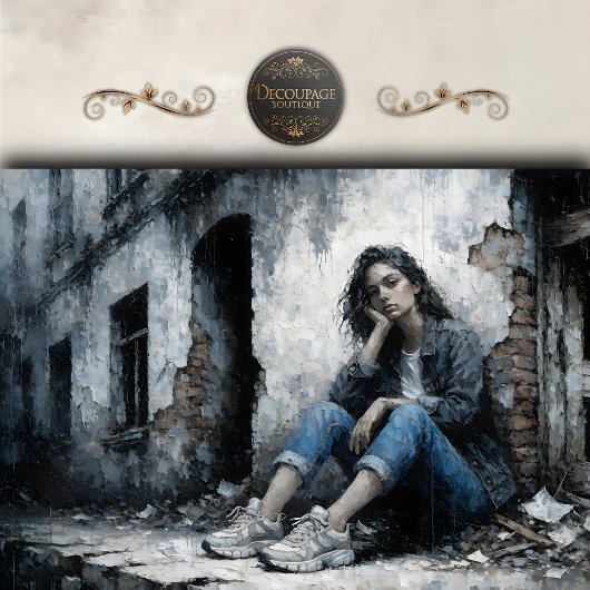 Melancholic Urban Woman Blue Gray Decoupage 薄葉紙