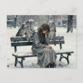 Melancholy Angel in Snowy Park Ink Drawing ポストカード (正面)