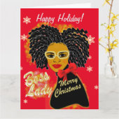Melanin Queen Afro Boss Lady Merry Christmas カード (黄色い花)