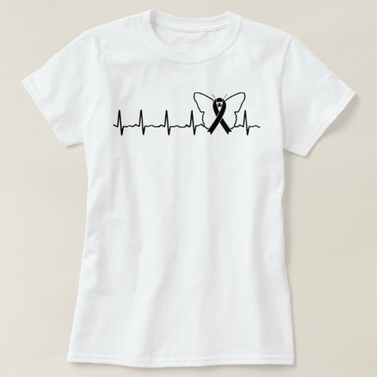 Melanoma Cancer Awareness Heartbeat Butterfly Ribb Tシャツ (デザイン正面)
