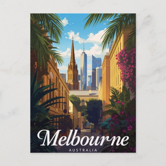 Melbourne Australia Skyline Retro Travel ポストカード (正面)