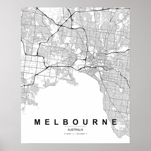 Melbourne Minimalist Map (Black & White) ポスター (正面)