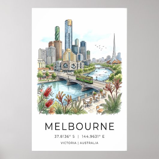 Melbourne Skyline Poster - Hand-Sketched Cityscape ポスター (正面)